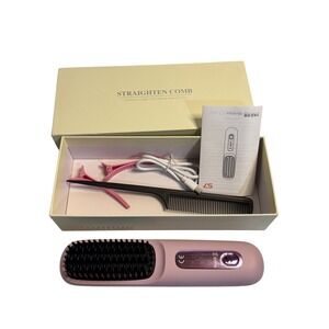 Portable Hair Straightener Brush Pink Rechargeable Cordless Styler Comb Clips